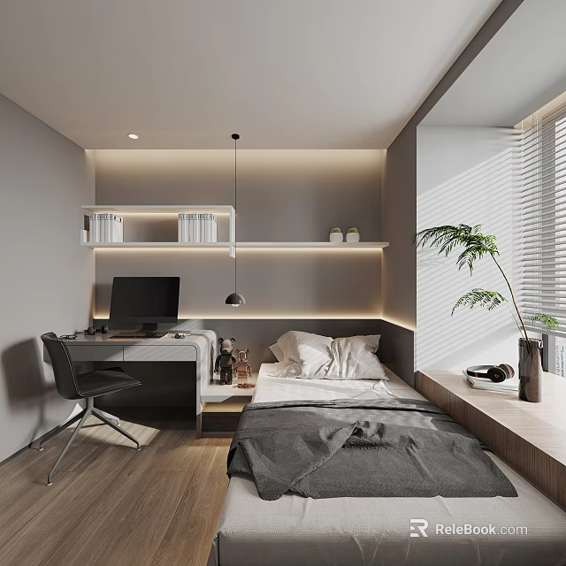 Tatami Bedroom Interior With Desk Computer Floating Shelves Pendant Light And Potted Plant 3d model 