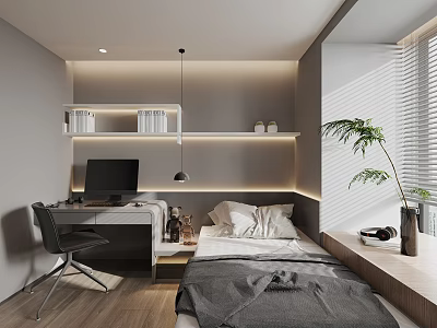 Tatami Bedroom Interior With Desk Computer Floating Shelves Pendant Light And Potted Plant 3d model