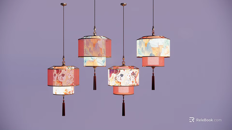 Elegant Traditional Hanging Lanterns with Colorful Patterns and Decorative Tassels 3d model 