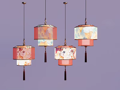 Elegant Traditional Hanging Lanterns with Colorful Patterns and Decorative Tassels 3d model