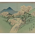 Traditional Japanese Landscape Featuring Mountain Stream Cherry Blossom Trees Green Hills And People