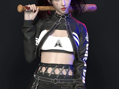Woman In Black Leather Jacket Holding Baseball Bat With White Crop Top And Strappy Pants 3d model