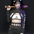 Woman In Black Leather Jacket Holding Baseball Bat With White Crop Top And Strappy Pants