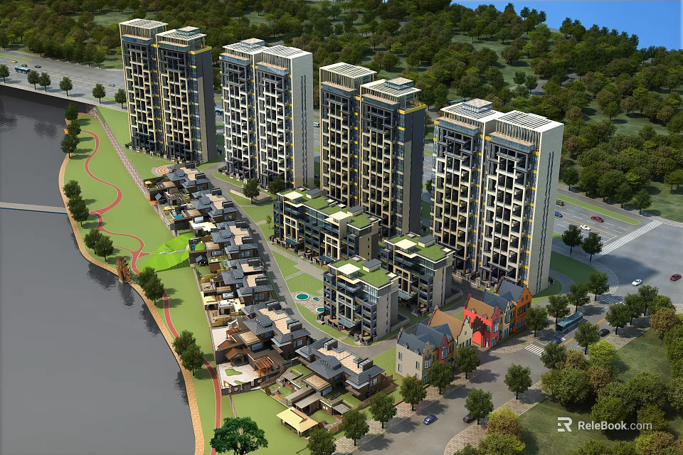 Aerial View Planning of High Rise Apartments Low Rise Houses Green Areas and Waterfront 3d model 