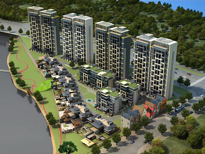 Aerial View Planning of High Rise Apartments Low Rise Houses Green Areas and Waterfront 3d model