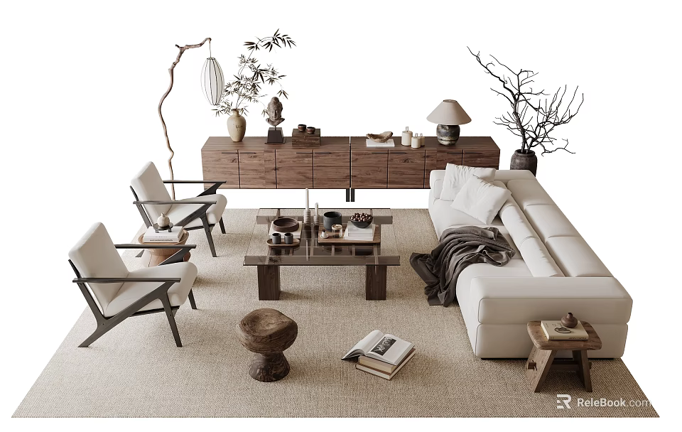 Modern White Sofa and Wooden Coffee Table Set with Armchairs Decorative Items on Cozy Rug 3d model 