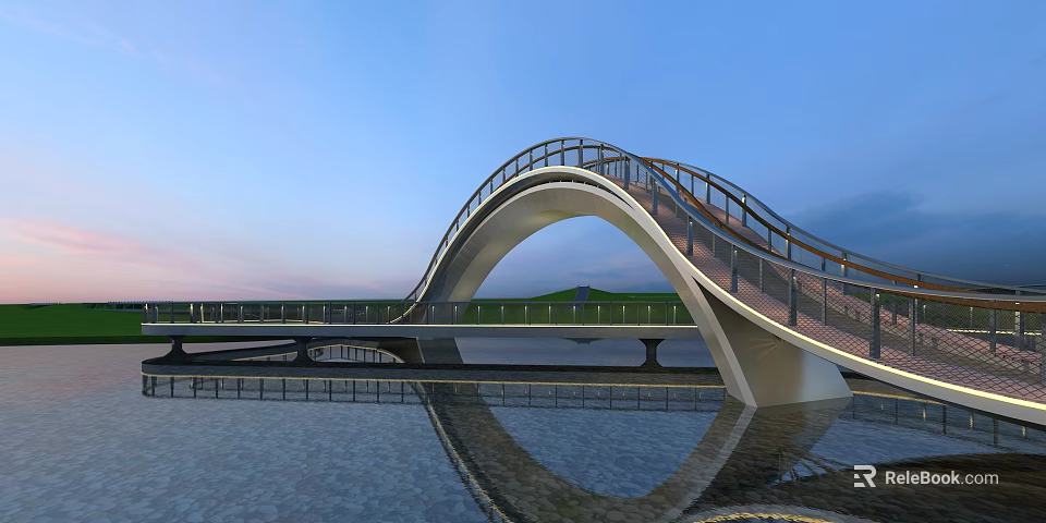 Modern Curved Landscape Bridge With Water Reflection Against Sunset Sky And Scenic View 3d model 