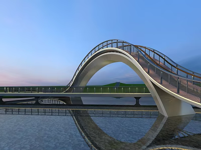 Modern Curved Landscape Bridge With Water Reflection Against Sunset Sky And Scenic View 3d model