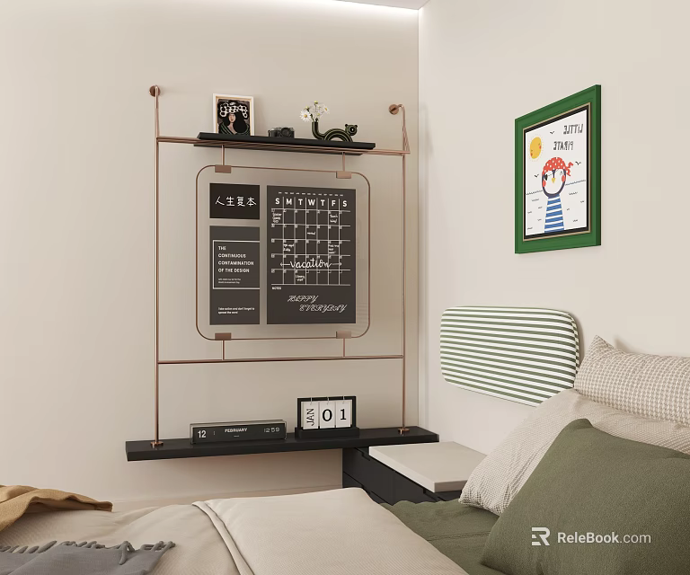 Stylish Wall Decor with Copper Frame Shelf Chalkboard and Green Framed Cartoon Painting in Bedroom 3d model 