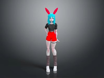 Anime Game Character With Blue Hair Red Rabbit Ears Black Top Red Shorts Standing Pose 3d model