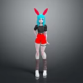 Anime Game Character With Blue Hair Red Rabbit Ears Black Top Red Shorts Standing Pose