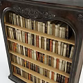 Classic Wooden Bookcase with Intricate Carved Details and Multiple Shelves Filled with Books