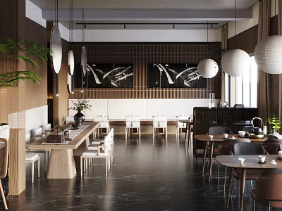 Modern Teahouse Interior Design With Tables Chairs Hanging Lamps And Decorative Paintings 3d model
