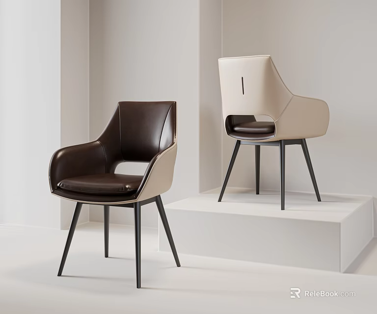 Minimalist Single Leather Chair With Brown Beige Upholstery And Black Metal Legs 3d model 