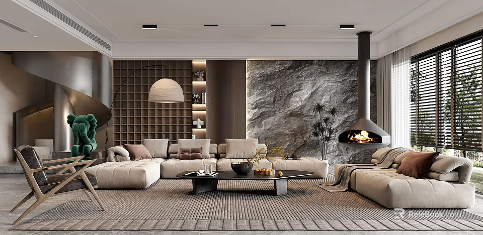 Modern Living Room Interior With Beige Sofas Stone Wall Fireplace And Decorative Lamp 3d model 