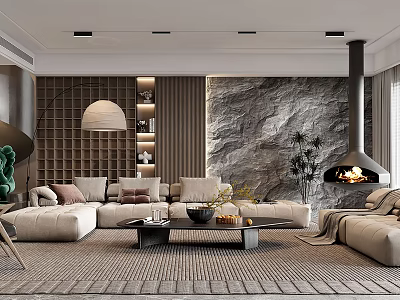 Modern Living Room Interior With Beige Sofas Stone Wall Fireplace And Decorative Lamp 3d model