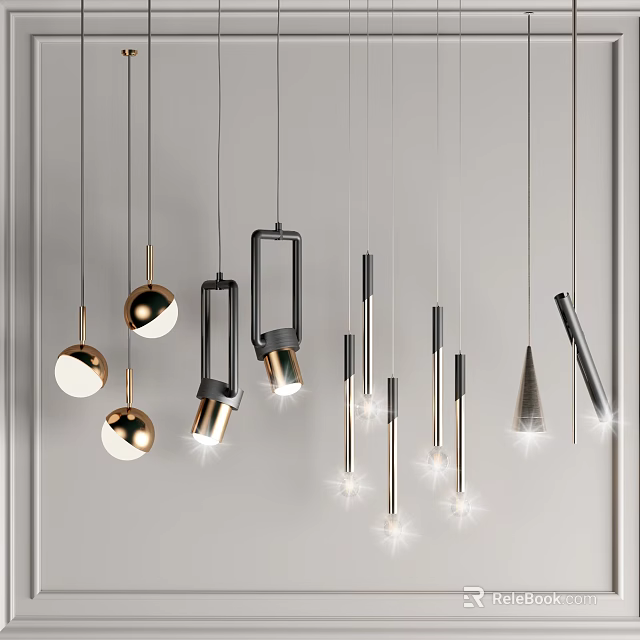 Modern Minimalist Pendant Lights Featuring Varied Metallic Designs Spherical Rectangular And Cone Shaped 3d model