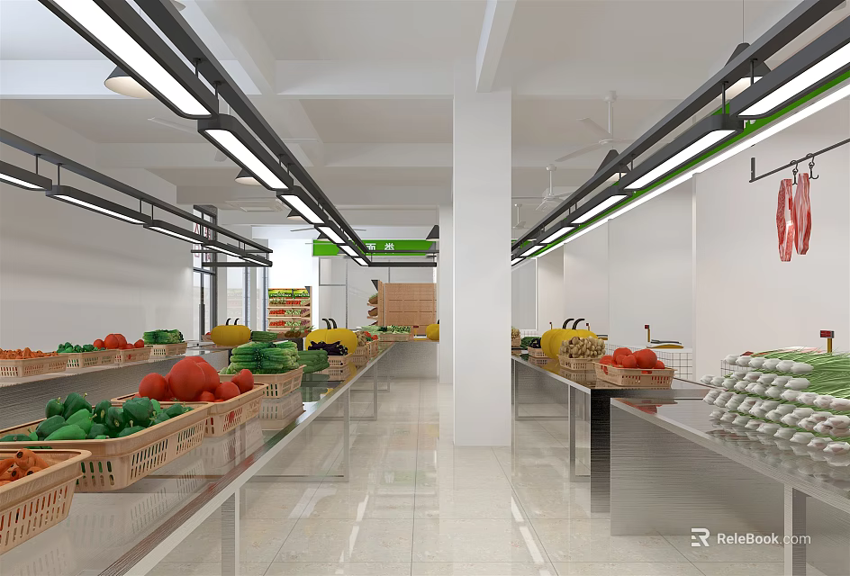 Supermarket Grocery Fresh Fruits Vegetables Display Metal Shelves Clean Bright Interior LED Lighting Egg Trays 3d model 