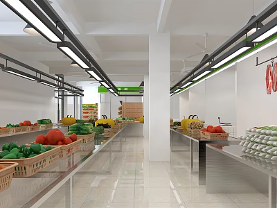 Supermarket Grocery Fresh Fruits Vegetables Display Metal Shelves Clean Bright Interior LED Lighting Egg Trays 3d model