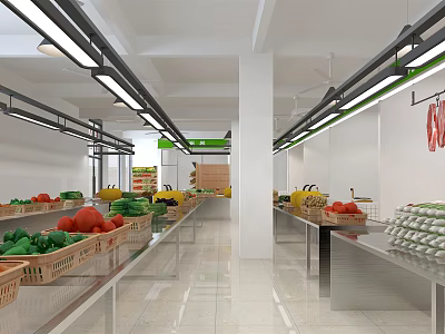 Supermarket Grocery Fresh Fruits Vegetables Display Metal Shelves Clean Bright Interior LED Lighting Egg Trays 3d model
