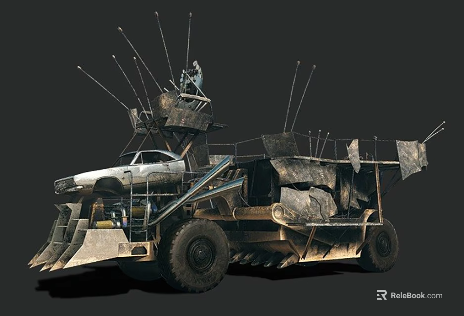 Post Apocalyptic Modified Car With Metal Armor Antennas And Front Loader 3d model