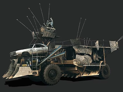 Post Apocalyptic Modified Car With Metal Armor Antennas And Front Loader 3d model