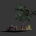 Scenic Diorama With Circular Green Ground Purple Car Tall Tree And Small Plants