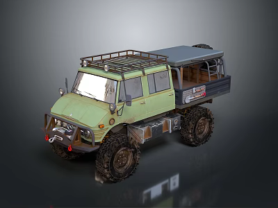 Green Off Road Vehicle With Roof Rack Large Tires And Open Cargo Bed 3d model