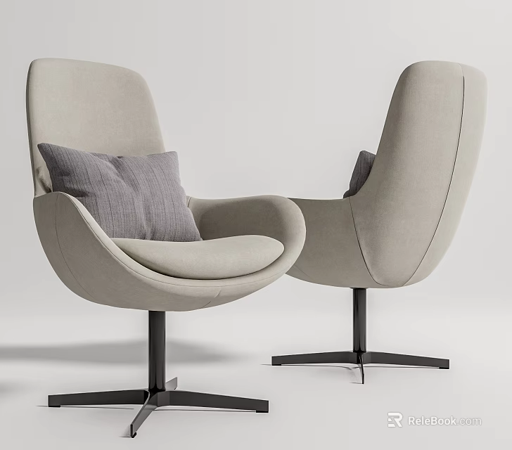 Modern Lounge Chairs with Curved Beige Upholstery Gray Cushions and Black Metal Star Bases 3d model 