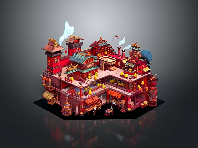 Vibrant Cartoon Scene With Traditional Red Multi layered Buildings Lanterns Smoke And Figures 3d model