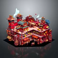 Vibrant Cartoon Scene With Traditional Red Multi layered Buildings Lanterns Smoke And Figures