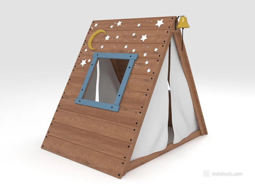 Kids Wooden Play Tent With Moon Stars Decoration And Yellow Lamp White Canvas 3d model 