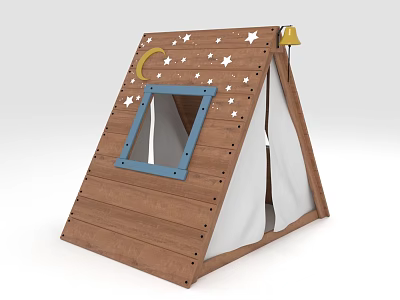 Kids Wooden Play Tent With Moon Stars Decoration And Yellow Lamp White Canvas 3d model