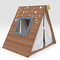 Kids Wooden Play Tent With Moon Stars Decoration And Yellow Lamp White Canvas