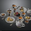 Assorted Afternoon Tea Food With Teapot Teacups Cakes Fruits And Pastries