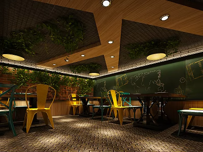 Restaurant Interior With Wooden Ceiling Green Plants Blackboard Wall Yellow Green Chairs And Brick Floor 3d model
