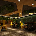Restaurant Interior With Wooden Ceiling Green Plants Blackboard Wall Yellow Green Chairs And Brick Floor