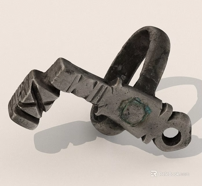 Antique Carved Metal Key Artifact With Intricate Patterns And Ring Structure 3d model 