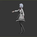 3D Blue Hair Character In Black White Maid Outfit With Red Bow And Lace Trim