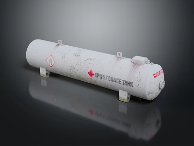 LPG Storage Tank With Red Warning Sign And Metal Base Structure 3d model