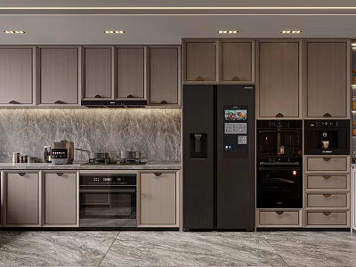Modern Kitchen Interior With Wooden Cabinets Built in Appliances And Marble Countertops 3d model