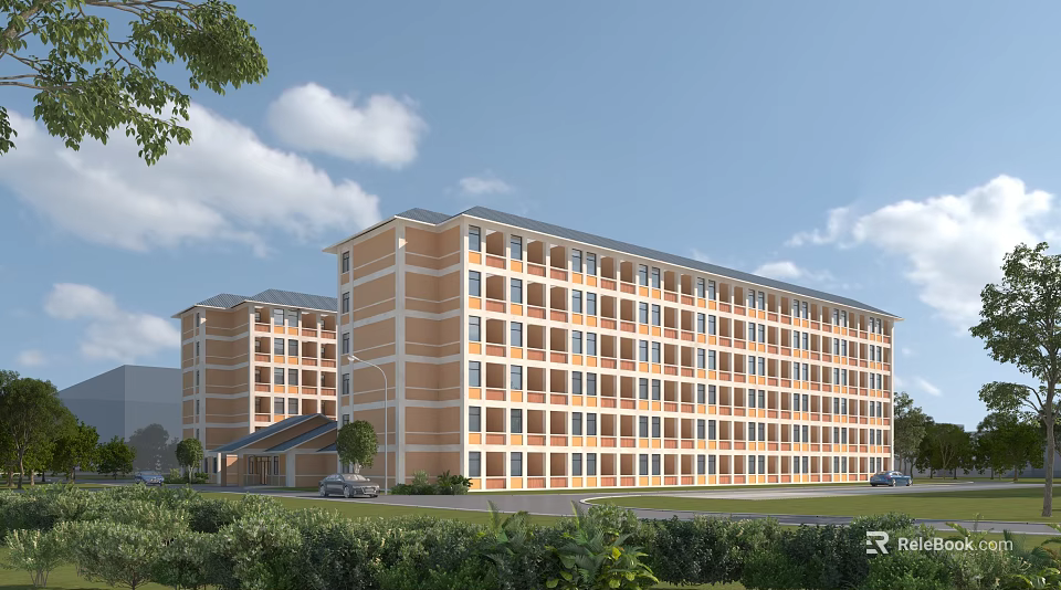 Multi Story School Building With Orange White Exterior And Green Surrounding Gardens 3d model 