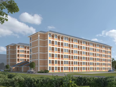 Multi Story School Building With Orange White Exterior And Green Surrounding Gardens 3d model