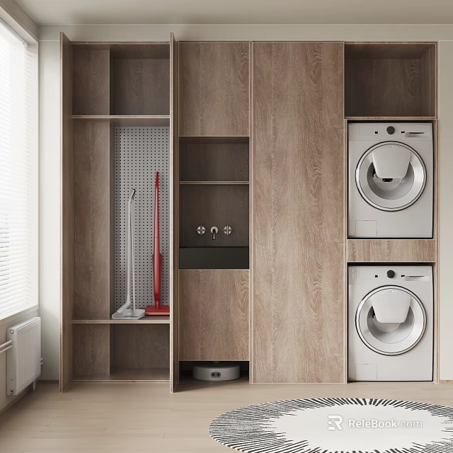 Modern Wooden Bathroom Cabinet Rack With Storage Shelves And Washing Machines 3d model 