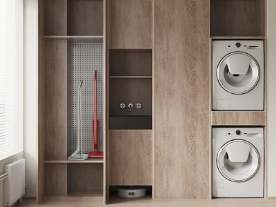 Modern Wooden Bathroom Cabinet Rack With Storage Shelves And Washing Machines 3d model