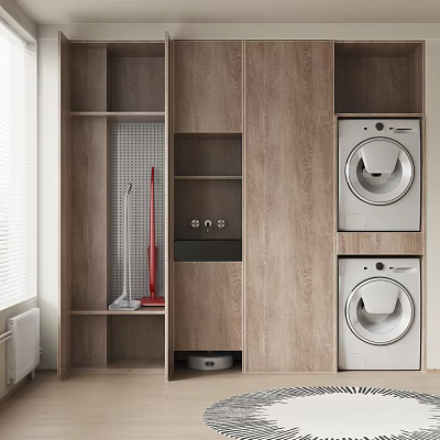 Modern Wooden Bathroom Cabinet Rack With Storage Shelves And Washing Machines 3d model