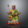 Traditional Deity Statue With Green Gold Robe Scepter Ingot And Red Base