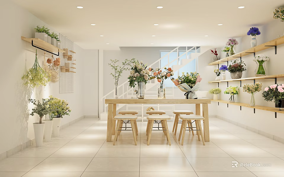 Bright Flower Shop Interior With Wooden Table Stools And Shelves Of Fresh Bouquets 3d model 