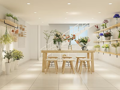 Bright Flower Shop Interior With Wooden Table Stools And Shelves Of Fresh Bouquets 3d model