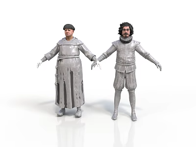 Two Standing Figures In Silver Historical Costumes With Ruffled Details And White Background 3d model